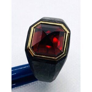 David Yurman Hexagonal Signet Garnet 18K Forged Carbon Ring  12.5